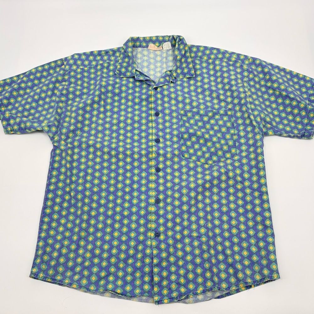 Vintage | Frankenstein brand | Men's Blue and Green funky Patterned Shirt